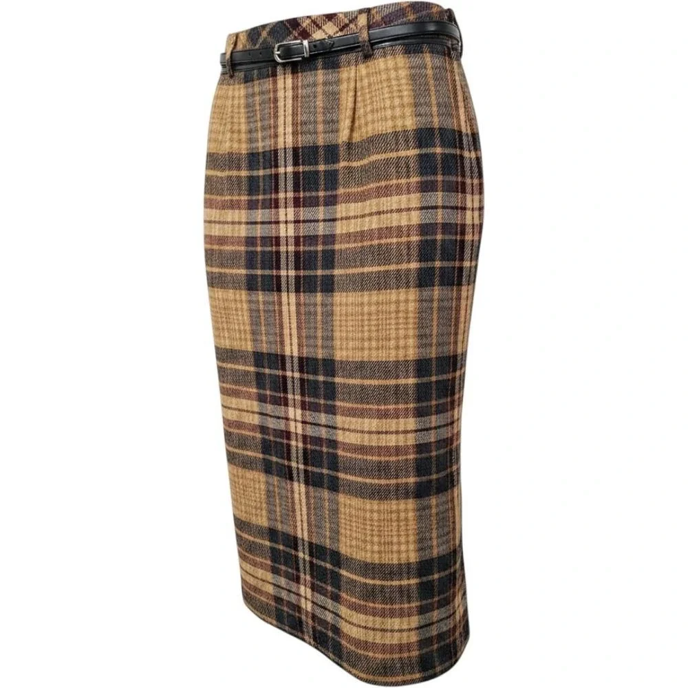 Vintage Brown Plaid Pencil Skirt 4P Wool Blend Midi Belted Heritage Academia